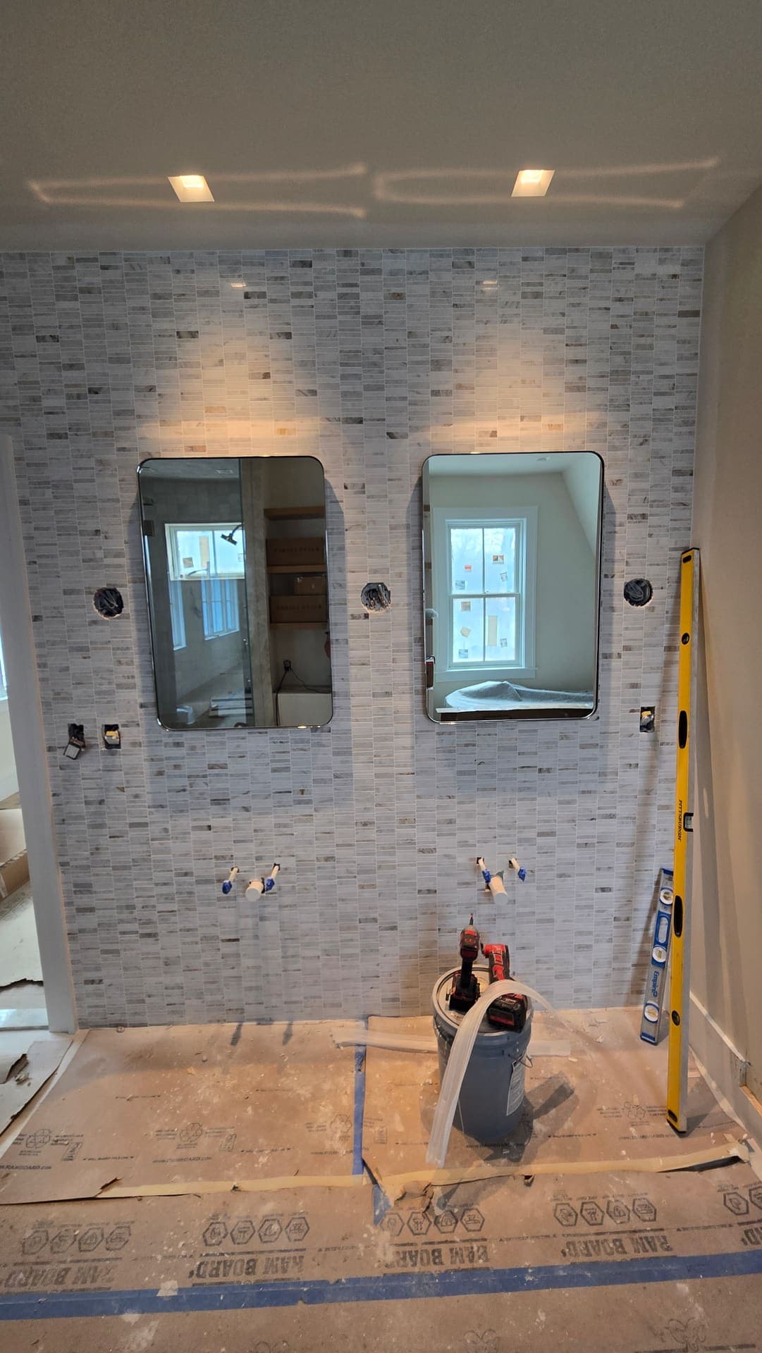 Marble mosaic bathroom wall tile in progress