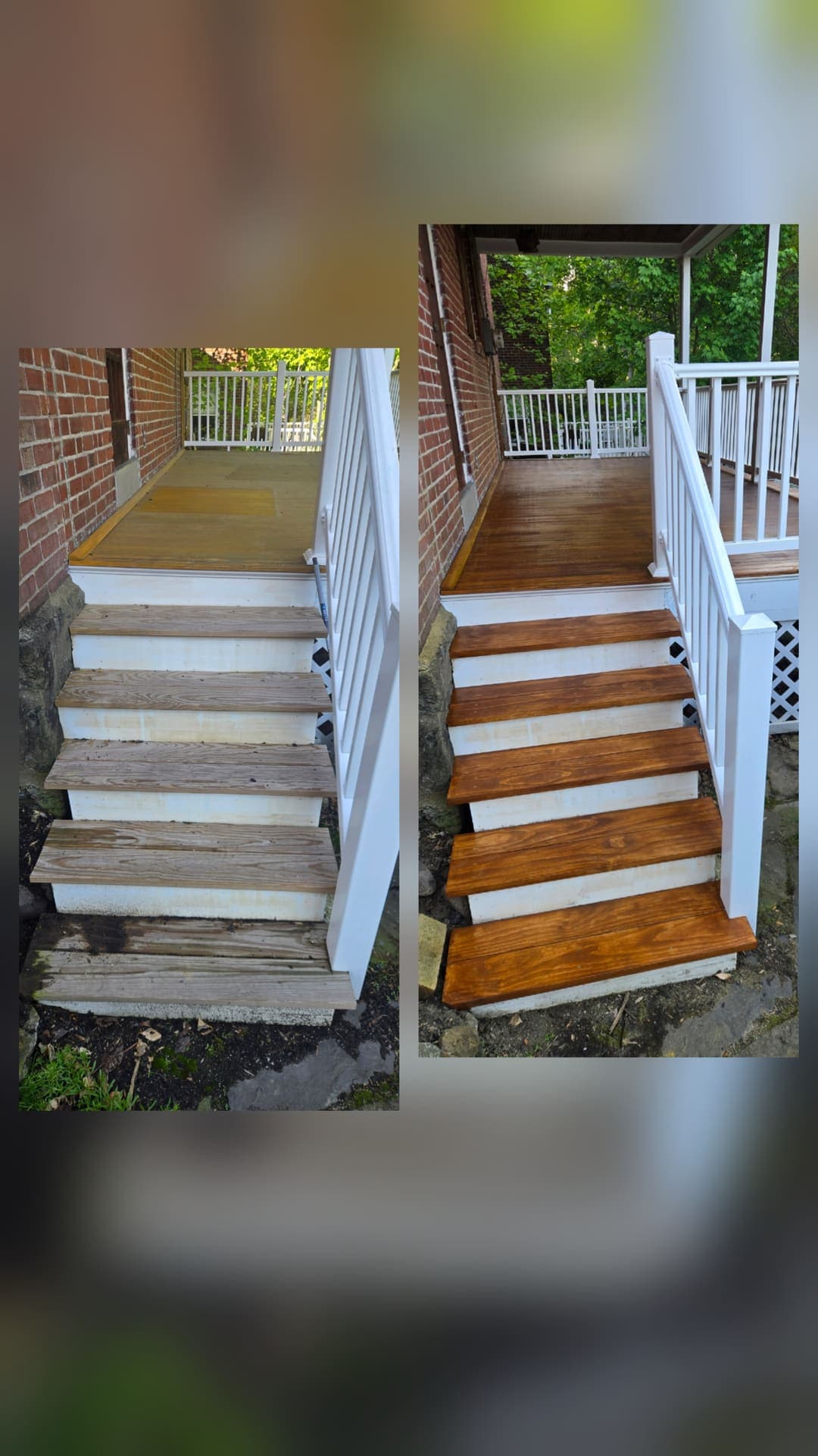 Before and after of porch steps refinishing