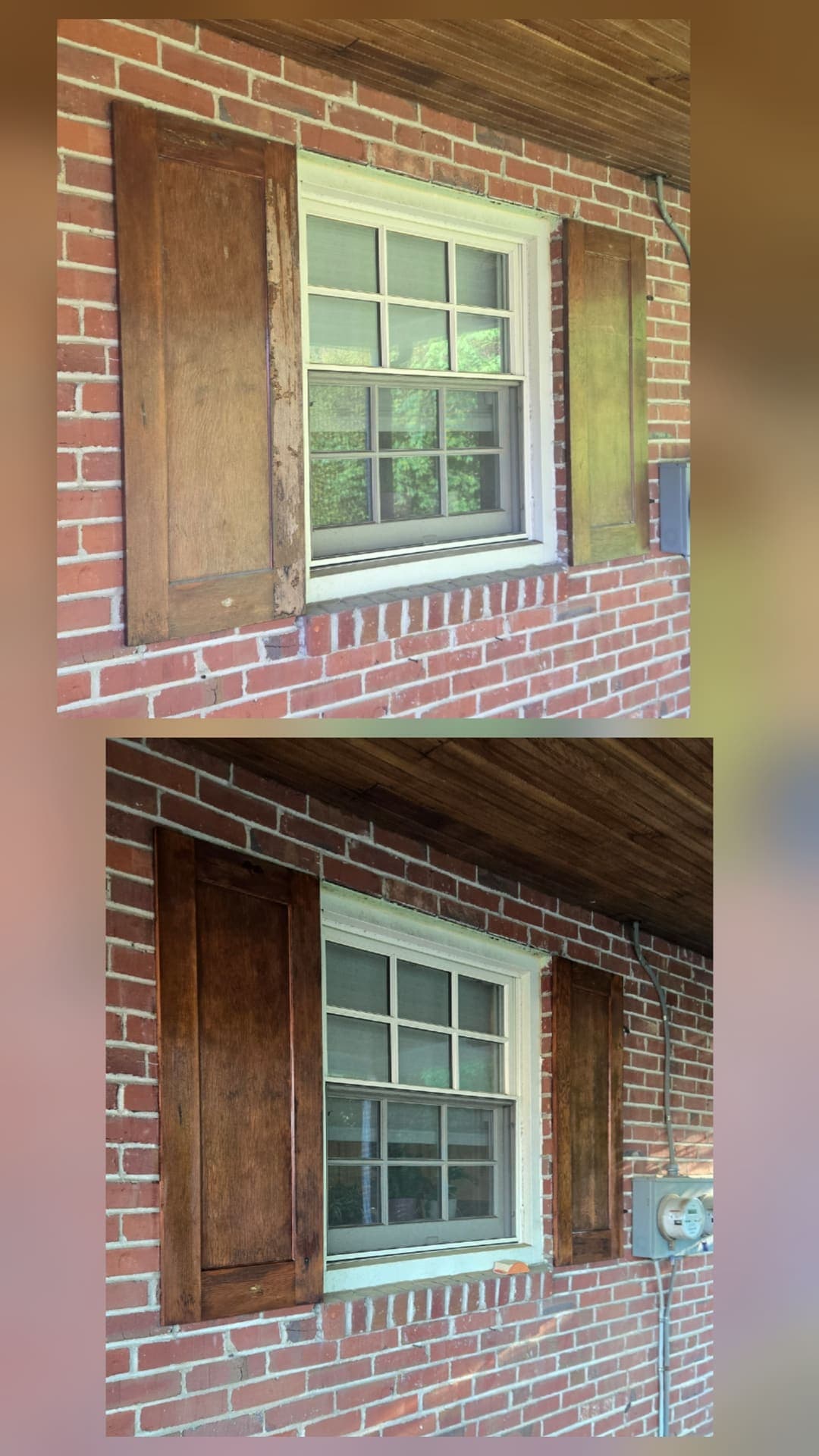 Before and after of wood shutters restained dark walnut